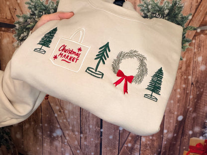 Custom Embroidered Trees and Christmas Market Sweatshirt by Gildan