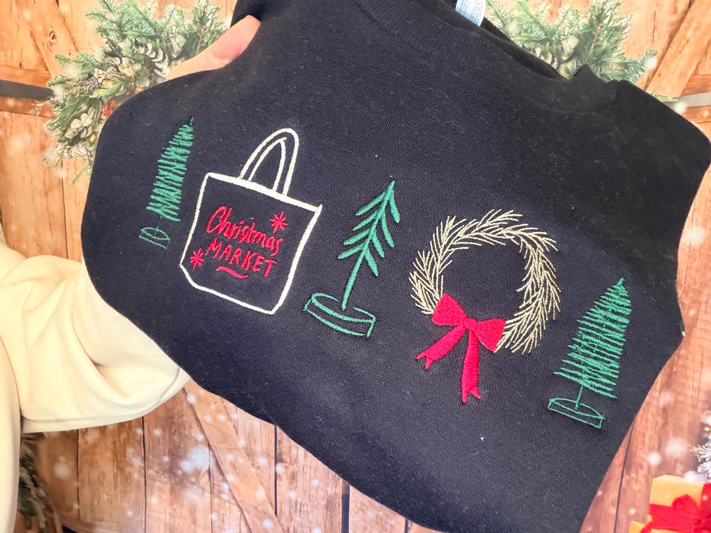 Custom Embroidered Trees and Christmas Market Sweatshirt by Gildan