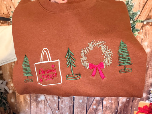 Custom Embroidered Trees and Christmas Market Sweatshirt by Gildan