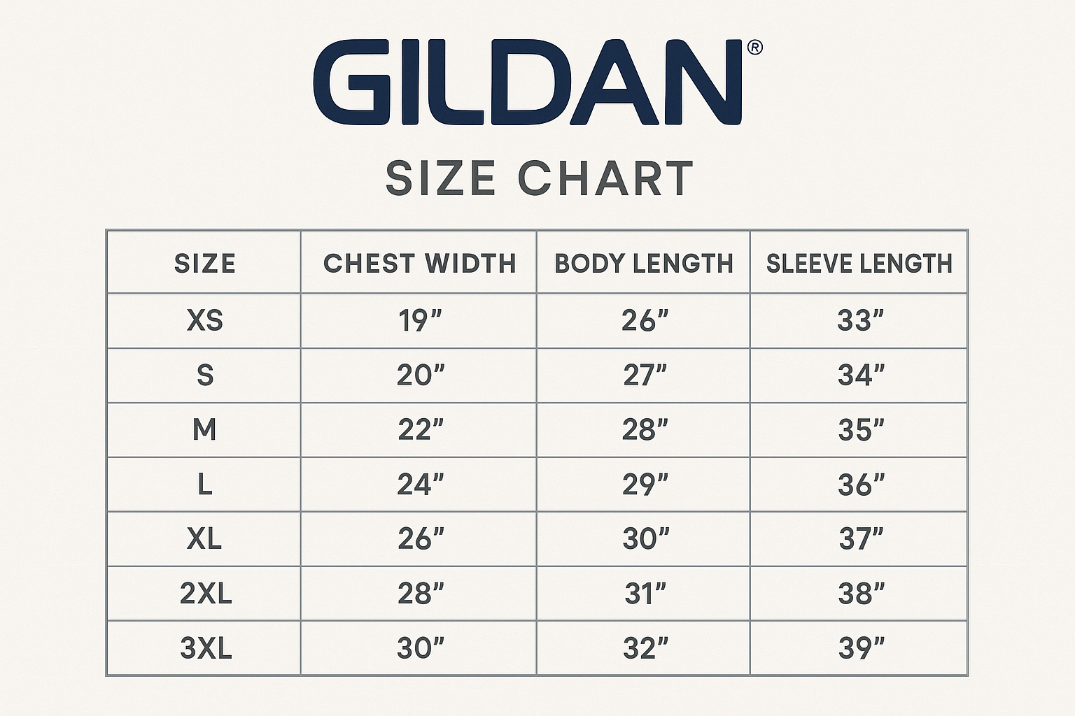 Gildan sweatshirt size chart